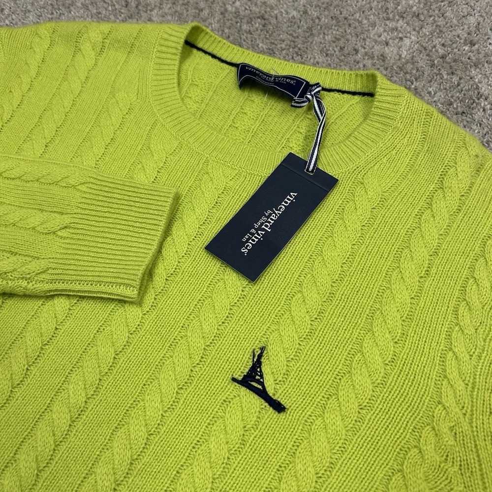 Vineyard Vines Cashmere Cable Knit Sweater Mens Medium Green Crew New with Tags